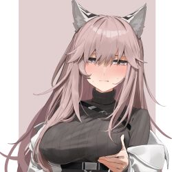 1girl absurdres animal_ears asimo_(hakurei10201) black_sweater blush breasts cat_ears coat commentary girls&#039;_frontline girls&#039;_frontline_neural_cloud grabbing_own_breast highres large_breasts long_hair looking_at_viewer off_shoulder open_clothes open_coat parted_lips persicaria_(neural_cloud) pink_background pink_eyes pink_hair simple_background solo sweatdrop sweater turtleneck turtleneck_sweater two-tone_background upper_body white_background white_coat