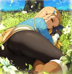 Rule 34 | 1girl, ass, blonde hair, blue sky, cameltoe, fingerless gloves, flower, gloves, grass, green eyes, letdie1414, long hair, looking at viewer, lying, nintendo, on side, pants, pointy ears, princess zelda, silent princess, sky, smile, solo, the legend of zelda, the legend of zelda: breath of the wild, tight clothes, tight pants, tree