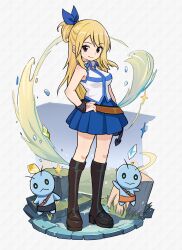 1girl black_boots blonde_hair blue_skirt boots closed_mouth collared_shirt creature eyelashes fairy_tail full_body hair_bun hand_on_own_hip hand_tattoo highres long_hair lucy_heartfilia mwm5 pleated_skirt shirt skirt sleeveless sleeveless_shirt solo tattoo white_shirt