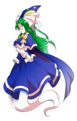 1girl alphes_(style) blue_capelet blue_dress blue_hat bow bowtie breasts cape capelet closed_mouth commentary_request dairi dress from_side full_body ghost_tail green_hair hand_on_own_arm hat hat_ribbon highres holding_own_arm large_variant_set long_hair long_sleeves mima_(touhou) parody ribbon smile solo style_parody touhou touhou_(pc-98) transparent_background variant_set white_ribbon yellow_bow yellow_bowtie