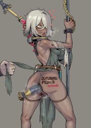 1girl 1other absurdres ahegao anal anal_object_insertion ass blush body_writing book breasts chain commentary cuffs dark-skinned_female dark_skin dildo ebonyxh english_commentary eyes_visible_through_hair female_pubic_hair freckles hair_over_one_eye heart highres jewelry object_insertion open_mouth piercing pointy_breasts pubic_hair pussy pussy_juice pussy_piercing ring ringed_eyes rolling_eyes scar scar_on_neck sex_toy short_hair simple_background skull small_breasts solaria_(ebonyxh) solo_focus spread_legs steaming_body sweat syringe tongue tongue_out tongue_piercing uncensored very_sweaty warhammer_40k white_hair white_pubic_hair yellow_eyes
