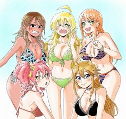 Rule 34 | 5girls, :o, absurdres, ahoge, animal print, aqua bikini, bangle, bikini, black bikini, black eyes, blonde hair, blue background, blue eyes, blunt bangs, blush, bracelet, breasts, brown hair, choker, cleavage, closed mouth, collarbone, dorasol (y6ikpv4ooq58127), eyelashes, flipped bangs, floral print bikini, gakuen idolmaster, gluteal fold, gradient background, gradient hair, green bikini, green eyes, green nails, grey choker, grin, hair ornament, hairclip, highres, hoshii miki, idolmaster, idolmaster (classic), idolmaster cinderella girls, idolmaster cinderella girls starlight stage, idolmaster million live!, idolmaster million live! theater days, idolmaster shiny colors, in-franchise crossover, izumi mei, jewelry, jougasaki mika, large breasts, leopard print bikini, long hair, looking at viewer, medium hair, midriff, multicolored hair, multiple girls, navel, necklace, one eye closed, open mouth, orange hair, orange nails, parted bangs, pink hair, purple bikini, red bikini, shiun sumika, smile, swept bangs, swimsuit, tears, tiger print, tokoro megumi, twintails, white background, yawning, yellow eyes