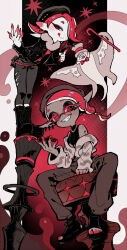 1boy 2girls :q beret between_fingers big_man_(splatoon) black_boots black_hat black_jacket black_shirt black_shoes boots bow bowtie brown_pants candy chocolate chocolate_heart closed_mouth colored_extremities colored_eyelashes commentary_request crop_top cross-shaped_pupils earrings fangs fingernails food frye_(milk_chocolate)_(splatoon) frye_(splatoon) full_body fur-trimmed_jacket fur_trim grey_pants grin hair_ornament hair_over_one_eye hat heart heart-shaped_food highres holding holding_chocolate holding_food inkling jacket jacket_partially_removed jewelry keijou_(cave) lace-up_boots limited_palette long_eyelashes long_pointy_ears long_sleeves looking_at_viewer medium_hair multiple_earrings multiple_girls necklace nintendo octoling official_alternate_costume one_eye_covered open-toe_shoes open_clothes open_jacket outside_border pants parted_bangs pillarboxed pink_hair pink_shirt pointy_ears red_bow red_bowtie red_eyes sharp_fingernails shirt shiver_(dark_chocolate)_(splatoon) shiver_(splatoon) shoes smile splatoon_(series) splatoon_3 standing symbol-shaped_pupils tentacle_hair tongue tongue_out top_hat torn_clothes torn_pants x_hair_ornament