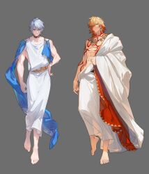 2boys abs absurdres ancient_greek_clothes antenna_hair arm_tattoo armlet barefoot belt black_choker blonde_hair blue_cape blue_eyes braid cape chest_tattoo choker closed_mouth collarbone commentary_request crossed_bangs earrings expressionless facial_tattoo feet gold_earrings gold_necklace gradient_hair greco-roman_clothes grey_background hair_between_eyes hand_on_own_hip highres himation honkai:_star_rail honkai_(series) jewelry korean_commentary little_modao looking_at_viewer male_focus medium_hair multicolored_hair multiple_boys mydei_(honkai:_star_rail) neck_tattoo necklace orange_hair parted_bangs pectorals phainon_(honkai:_star_rail) robe short_hair shoulder_tattoo side_braid simple_background single_braid single_earring smile tattoo toes white_hair white_robe yellow_eyes