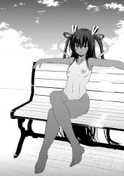 1girl barefoot bench blush breasts breasts_apart closed_mouth cloud crossed_legs curvy dark_skin facing_viewer female_focus full_body greyscale hair_ribbon highres linea_alba long_hair looking_at_viewer lovelovemaid mizuki_yukikaze monochrome nipples nude one-piece_tan outdoors park_bench ribbon sitting sky small_breasts small_nipples smile solo taimanin_(series) taimanin_yukikaze tan tanline thighs two_side_up very_long_hair yaranaika