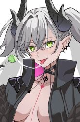 Rule 34 | 1girl, black jacket, breasts, candy, fate/grand order, fate (series), food, green eyes, holding, holding candy, holding food, holding lollipop, horns, jacket, lilith (fate), lilith (second ascension) (fate), lollipop, long hair, looking at viewer, pointy ears, saliva, saliva trail, smile, solo, tongue, tongue out, twintails, upper body, weilaizuigao703, white background, white hair