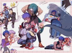 6+girls alternate_hairstyle arctibax arven_(pokemon) ass blonde_hair blue_hair breasts cleavage dark-skinned_female dark_skin dendra_(pokemon) gen_4_pokemon hassel_(pokemon) highres jacket koraidon large_breasts larry_(pokemon) long_sleeves mole mole_under_eye mole_under_mouth multicolored_hair multiple_boys multiple_girls nemona_(pokemon) nintendo nyantcha open_mouth original penny_(pokemon) pokemon pokemon_(creature) pokemon_sv poppy_(pokemon) purple_eyes rika_(pokemon) school_uniform short_hair staraptor textless_version tomboy tulip_(pokemon) very_dark_skin zoraida_(nyantcha)