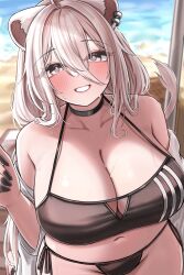 Rule 34 | 1girl, absurdres, ahoge, animal ear piercing, animal ears, beach, bikini, black bikini, black choker, black nails, blush, breasts, choker, commentary request, day, from above, grey eyes, grey hair, halterneck, highres, hololive, huge breasts, lion ears, lion girl, lion tail, long hair, looking at viewer, navel, ocean, outdoors, paid reward available, ruo1001, sand, shishiro botan, smile, solo, sweat, swimsuit, tail, teeth, virtual youtuber