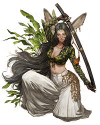 Rule 34 | 1girl, animal ears, baggy pants, black hair, breasts, cleavage, closed mouth, collar, earrings, holding, holding sheath, holding sword, holding weapon, jewelry, large breasts, large ears, leaf print, long hair, long sleeves, looking at viewer, midriff, pants, sheath, simple background, smile, solo, squatting, sword, tahra, weapon, white background