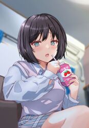 1girl :o air_conditioner armchair black_hair blue_bow blue_bowtie blue_eyes blue_skirt blurry blurry_background blush bob_cut bow bowtie breasts brown_sweater_vest chair commentary_request depth_of_field diagonal-striped_bow diagonal-striped_bowtie diagonal-striped_clothes dress_shirt drink drinking_straw food from_below fruit fushimi_asuha highres holding holding_drink holding_milk_carton indoors large_breasts living_room long_sleeves looking_at_viewer milk_carton open_mouth original raised_eyebrows school_uniform shirt short_hair sitting skirt solo strawberry strawberry_milk striped_clothes sweater_vest translated two-tone_bow two-tone_bowtie two-tone_skirt white_bow white_bowtie white_shirt white_skirt