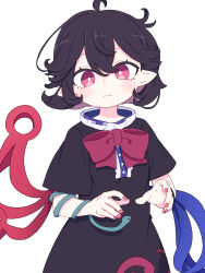 Rule 34 | 1girl, absurdres, ahoge, asymmetrical wings, black dress, black hair, blue wings, bow, bowtie, bright pupils, center frills, commentary, dress, frills, highres, houjuu nue, kame (kamepan44231), nail polish, red bow, red bowtie, red eyes, red nails, red wings, short hair, short sleeves, snake, solo, touhou, upper body, white pupils, wings