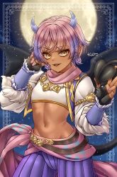 1boy absurdres androgynous arabian_clothes bat_wings belt black_gloves black_tail black_wings brown_belt commentary_request commission cowboy_shot cropped_shirt dark_skin demon_boy demon_tail dragon_quest dragon_quest_x earrings fingerless_gloves floating_clothes full_moon gem gloves gold_trim hero_(dq10) highres hip_bones horns jewelry kuro11_222 looking_to_the_side male_focus midriff moon multicolored_hair navel necklace night night_sky open_mouth pants pink_hair pink_nails pink_sash pink_scarf purple_gemstone purple_hair purple_horns purple_pants purple_vest sash scarf shirt short_hair skeb_commission sky smile solo star_(sky) tail vest white_shirt wings yellow_eyes