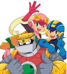 Rule 34 | 1girl, 2boys, armor, black leotard, blonde hair, blue bodysuit, blue helmet, bodysuit, closed eyes, egao nina6, green eyes, group picture, gutsman.exe, helmet, highres, irotoridori2024, leotard, long hair, mega man (series), mega man battle network (series), megaman.exe, multiple boys, netnavi, one eye closed, open mouth, pink helmet, pink leotard, red armor, roll.exe (mega man), short hair, simple background, teeth, tongue, upper teeth only, v, watermark, white background