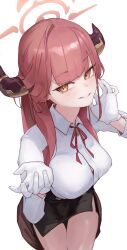 1girl absurdres aru_(blue_archive) black_skirt blue_archive blush breasts brown_horns collared_shirt demon_horns gloves halo highres horns jun_daniell large_breasts long_hair long_sleeves looking_at_viewer low_horns miniskirt neck_ribbon orange_halo pencil_skirt pink_hair red_hair red_ribbon ribbon shirt simple_background skirt smile solo white_background white_gloves white_shirt yellow_eyes