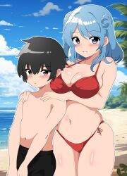 Rule 34 | 1boy, 1girl, admiral (kancolle), age difference, beach, bikini, black eyes, black shorts, blue eyes, blue hair, blue sky, breast rest, breasts, brown eyes, carried breast rest, carrying, cleavage, cloud, commentary request, day, donut hair bun, double bun, hair bun, highres, horizon, kantai collection, kinako mochi (pixiv100419090), large breasts, little boy admiral (kancolle), medium hair, navel, ocean, onee-shota, outdoors, red bikini, short hair, shorts, side-tie bikini bottom, sky, swimsuit, urakaze (kancolle)