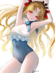 1girl :o absurdres armpits ashencrow black_hairband blonde_hair covered_navel ereshkigal_(fate) fate/grand_order fate_(series) hair_ribbon hairband highres long_hair looking_at_viewer one-piece_swimsuit parted_bangs red_eyes ribbon signature simple_background solo space_ereshkigal_(fate) space_ereshkigal_(first_ascension)_(fate) swimsuit two_side_up white_background