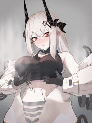 1girl absurdres arknights bare_shoulders black_gloves black_horns black_sports_bra blush breasts commentary_request gloves grabbing_own_breast grey_background grey_hair hair_between_eyes highres horns infection_monitor_(arknights) large_breasts long_hair long_sleeves looking_at_viewer material_growth midriff mudrock_(arknights) mudrock_(elite_ii)_(arknights) navel nose_blush off_shoulder oripathy_lesion_(arknights) parted_lips pointy_ears red_eyes sikakuinasu solo sports_bra steaming_body