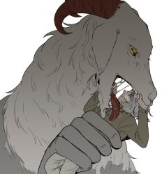 1boy aged_down animal demon dungeon_meshi goat goat_(dungeon_meshi) grey_hair grey_shirt highres horizontal_pupils hup_cheop korean_commentary licking lifting_person long_sleeves looking_at_another male_focus mithrun monster open_mouth oversized_animal pants profile saliva shirt short_hair simple_background size_difference spoilers tongue tongue_out white_background white_pants yellow_eyes