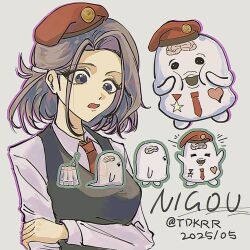 Rule 34 | 2025, beret, brain, brown eyes, brown hair, dated, hat, heart, highres, humanization, long sleeves, mascot, matching hair/eyes, nigou (hundred line), official alternate design, open mouth, red hat, simple background, solo, star (symbol), tadokorori (tdkrr), the hundred line -last defense academy-, white background