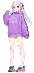 1girl absurdres blush breasts circlet earrings fate/grand_order fate_(series) full_body hair_ribbon highres jewelry kama_(fate) kopaka_(karda_nui) large_breasts long_hair long_sleeves looking_at_viewer ponytail purple_sweater red_eyes ribbon shoes sneakers solo sweater white_hair