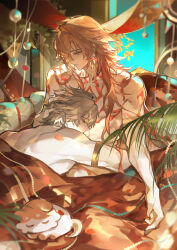 2boys abs absurdres arm_tattoo armlet bed_sheet bedroom blonde_hair braid chest_tattoo chimera_(honkai:_star_rail) chinese_commentary closed_eyes commentary_request earrings facial_tattoo gold_earrings gradient_hair hair_between_eyes hand_on_another&#039;s_head highres honkai:_star_rail honkai_(series) hug iron_hailai jewelry long_hair looking_at_another lying male_focus multicolored_hair multiple_boys mydei_(honkai:_star_rail) on_bed on_stomach phainon_(honkai:_star_rail) red_hair red_tattoo short_hair side_braid sleeping sleeping_on_person tattoo toned toned_male topless_male white_hair yaoi yellow_eyes
