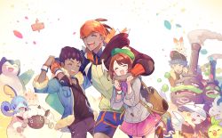 Rule 34 | 1girl, 3boys, absurdres, backpack, bag, baseball cap, black hair, blush, brown hair, cape, cardigan, commentary request, dark-skinned male, dark skin, dress, excadrill, facial hair, fur-trimmed jacket, fur trim, galarian form, galarian weezing, gen 1 pokemon, gen 4 pokemon, gen 5 pokemon, gen 6 pokemon, gen 8 pokemon, gloria (pokemon), goomy, green headwear, grey cardigan, grookey, gym leader, hat, highres, hood, hood down, hoodie, hop (pokemon), jacket, leon (pokemon), long hair, long sleeves, multiple boys, nintendo, on head, open mouth, orange headwear, peco-midori, pink dress, pokemon, pokemon (creature), pokemon on head, pokemon swsh, purple hair, raihan (pokemon), rotom, rotom phone, scorbunny, short hair, shorts, smile, snorlax, sobble, starter pokemon trio, tam o&#039; shanter, wooloo