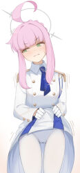 Rule 34 | 1girl, ahoge, akacolor, averting eyes, blue archive, blue necktie, blunt bangs, blush, braid, braided bun, buttoned cuffs, buttons, clothes lift, collared jacket, commentary, cowboy shot, double-breasted, epaulettes, gloves, gradient background, green eyes, hair bun, halo, head tilt, highres, horizontal pupils, huge ahoge, jacket, kaya (blue archive), lifting own clothes, long sidelocks, long skirt, long sleeves, looking to the side, necktie, nervous, panties, pantyhose, peanut mouth, pink hair, short hair with long locks, sidelocks, sideways glance, skirt, skirt lift, solo, standing, sweatdrop, trembling, underwear, v-shaped eyebrows, white background, white gloves, white jacket, white panties, white pantyhose, white skirt