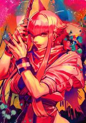 Rule 34 | 1girl, holding, holding staff, hungry clicker, manon legrand, pink hair, solo, staff, street fighter, street fighter 6, upper body