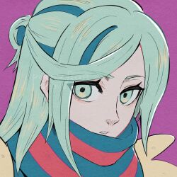 Rule 34 | 1boy, commentary request, conachun, green eyes, green hair, grusha (pokemon), highres, jacket, looking at viewer, male focus, medium hair, nintendo, pokemon, pokemon sv, portrait, purple background, scarf, simple background, solo, striped clothes, striped scarf, teeth, yellow jacket