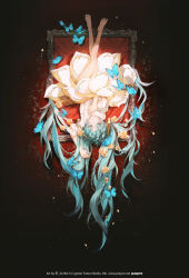 1girl absurdres aqua_eyes aqua_hair aqua_nails artist_name barefoot blue_butterfly bug butterfly chinese_commentary closed_mouth commentary_request copyright_notice crossed_legs cui_(jidanhaidaitang) dress flower flower_dress full_body hair_flower hair_ornament hand_on_own_chest hatsune_miku highres insect looking_at_viewer lying merchandise_available nail_polish official_art on_back orange_flower picture_frame solo upside-down vocaloid