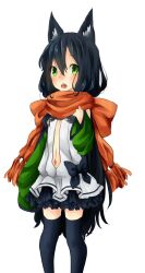 Rule 34 | 1girl, alchemist (ragnarok online), alternate color, animal ears, black bow, black hair, black thighhighs, blush, bow, cat ears, cat girl, commentary request, detached sleeves, dress, feet out of frame, flat chest, frilled dress, frills, green eyes, green sleeves, hair between eyes, long hair, looking at viewer, meiko (nattu303), navel, open mouth, orange scarf, plunging neckline, ragnarok online, scarf, short dress, simple background, solo, standing, thighhighs, very long hair, white background, white dress