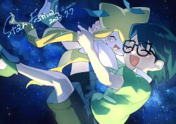 1boy :d affectionate black-framed_eyewear blush closed_eyes commentary_request dated from_side gen_3_pokemon glasses green_footwear green_hair green_shirt green_shorts happy highres holding holding_pokemon ichihara_yuuto jirachi legendary_pokemon male_focus max_(pokemon) mythical_pokemon night nintendo open_mouth outdoors pokemon pokemon:_jirachi:_wish_maker pokemon_(anime) pokemon_(creature) pokemon_rse_(anime) shirt shoes short_hair short_sleeves shorts smile sparkle star_(sky)