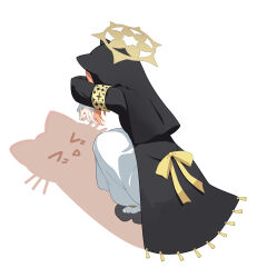 &gt;_&lt; absurdres animal_ear_headwear black_dress blue_archive cat_shadow_puppet_(meme) commentary_request dress fake_animal_ears full_body halo highres long_sleeves mari_(blue_archive) meme nun orange_hair shadow smile squatting ula_cabbage w white_background yellow_halo
