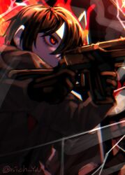 Rule 34 | 1boy, aiming, black gloves, black hair, coat, e.g.o (project moon), fell bullet (e.g.o), fire, gloves, gun, highres, holding, holding gun, holding weapon, limbus company, one eye covered, pmchell 04, project moon, red eyes, rifle, scarf, short hair, solo, weapon, yi sang (project moon)