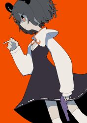 1girl animal_ears cigarette closed_mouth commentary_request cookie_(touhou) dress expressionless feet_out_of_frame grey_dress grey_hair gun handgun highres holding holding_cigarette holding_gun holding_weapon long_sleeves looking_afar mouse_ears mouse_girl muzinneki nazrin nyon_(cookie) orange_background orange_eyes revolver shirt short_hair simple_background solo standing touhou weapon white_shirt