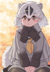 1girl badger_ears badger_girl badger_tail black_pantyhose brown_eyes brown_fur brown_hair brown_shirt extra_ears fur_trim gradient_clothes gradient_shirt grey_hair grey_shirt grey_skirt hair_between_eyes highres japanese_badger_(kemono_friends) kemono_friends kosai_takayuki long_sleeves looking_at_viewer multicolored_hair neckerchief pantyhose pleated_skirt sailor_collar shirt short_hair sidelocks sitting skirt solo sweater_around_neck two-tone_hair wariza yellow_neckerchief