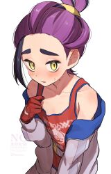 1boy bare_shoulders black_hair blush enudesuga gloves grey_jacket highres jacket kieran_(pokemon) long_sleeves looking_at_viewer male_focus mole mole_on_neck multicolored_hair nintendo off_shoulder open_clothes open_jacket parted_lips pokemon pokemon_sv purple_hair red_gloves red_tank_top simple_background solo sweat tank_top twitter_username white_background yellow_eyes