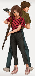 1boy 1girl :o absurdres axe back-to-back bags_under_eyes belt black_belt black_pants blue_pants bob_cut brown_belt brown_hair brown_shirt c-fish capri_pants collared_shirt converse denim eyelashes eyeshadow fingernails full_body gold_necklace green_eyes gun highres holding holding_axe holding_gun holding_weapon jeans jewelry jonathan_byers legs_apart looking_ahead looking_at_viewer makeup nancy_wheeler necklace pants parted_lips pink_lips pink_shirt pink_shoes profile pump_action serious shirt shirt_tucked_in shoes short_hair short_sleeves shotgun sneakers standing stranger_things striped_clothes striped_shirt v-shaped_eyebrows watch wavy_hair weapon white_background white_shoes wispy_bangs wristwatch
