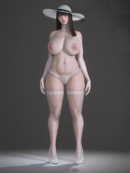 1girl 3d absurdres asian black_hair blunt_bangs breasts cameltoe choker cleavage curvy facing_viewer fishnet_thighhighs fishnets frilled_choker frills full_body gluteal_fold gradient_background grey_background hair_over_shoulder hasshaku-sama hat high_heels highres huge_breasts lace lace-trimmed_legwear lace-trimmed_panties lace_trim large_areolae looking_at_viewer mafavam navel nipples panties puffy_nipples pumps red_eyes simple_background skindentation solo standing straight_hair sun_hat thighhighs thighs topless_female underwear underwear_only virt-a-mate white_footwear white_hat white_panties white_thighhighs
