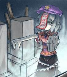 expressionless fog glowing glowing_eye grave highres jiangshi miyako_yoshika one_eye_covered outstretched_arms peroponesosu. solo stone stone_wall touhou wall zombie_pose