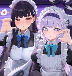 alternate_costume apron aqua_bow aqua_bowtie black_dress black_hair blue_archive blue_bow blue_bowtie blush bow bowtie breasts closed_mouth commentary_request dress flower frilled_apron frills hair_flower hair_ornament hairband halo hand_up heart highres himari_(blue_archive) large_breasts long_hair long_sleeves looking_at_viewer maid maid_apron maid_headdress mole mole_under_eye parted_lips pointy_ears purple_eyes red_eyes rio_(blue_archive) smile spoken_heart tai_saka white_apron white_hair