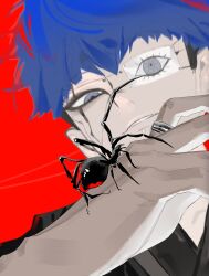 1boy animal black_shirt blue_eyes blue_hair bug eye_print eyepatch face_piercing highres lip_piercing multicolored_hair omokage_yugamu piercing red_background shirt short_hair simple_background smile solo spider teeth the_hundred_line_-last_defense_academy- two-tone_hair zai_ya