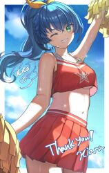Rule 34 | 1girl, artist name, blue hair, blue sky, blush, border, bow, breasts, cheerleader, cloud, commission, commissioner name, crop top, crossed bangs, day, green eyes, grin, hair between eyes, hair bow, hanabe (airutu0830 1), highres, holding, holding pom poms, indie virtual youtuber, kiara (kiarastreams) (vtuber), long hair, long sleeves, looking at viewer, medium breasts, midriff, navel, one eye closed, outside border, pleated skirt, pom pom (cheerleading), pom poms, ponytail, red shirt, red skirt, shirt, skeb commission, skirt, sky, sleeveless, sleeveless shirt, smile, solo, standing, teeth, thank you, underboob, virtual youtuber, white border, yellow bow
