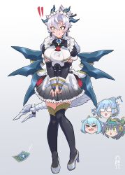 ! !! &gt;_&lt; 4girls :d adapted_costume alternate_costume animal_ears black_arm_warmers black_shirt black_thighhighs blue_hair blush blush_stickers braid braided_bun breasts bridal_gauntlets chinese_knot clenched_teeth closed_eyes commentary_request crossed_bangs dragon_ears dragon_girl dragon_horns dragon_tail dracotail_phrixl dracotail_arthalion dracotail_faimena dracotail_lukias dragon_wings duel_monster ear_covers earrings enmaided framed_breasts frilled_skirt frills full_body fur-trimmed_sleeves fur_trim fusion genderswap genderswap_(mtf) glasses green_eyes green_headband grey_background grey_shoes grey_skirt hair_between_eyes hair_bun hair_ornament hair_stick headband high_heels highres horns house_dragonmaid jewelry large_breasts laundry_dragonmaid long_hair maid maid_headdress mole mole_under_eye multiple_girls multiple_horns opaque_glasses open_mouth pleated_skirt shirt shoes short_sleeves sidelocks signature simple_background skirt smile solo_focus standing standing_on_one_leg super_polymerization tail tassel tassel_earrings teeth thighhighs trading_card triangle_mouth white_shirt wings yata_masahara yellow_eyes yu-gi-oh! zettai_ryouiki