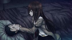 1boy 1girl adam&#039;s_apple arm_belt beard_stubble bed bed_sheet bedside belt ben-day_dots black_hair black_pantyhose black_shorts breasts brown_hair brown_jacket closed_eyes closed_mouth coat collared_shirt crying crying_with_eyes_open facial_hair from_side frown game_cg hair_between_eyes hair_over_breasts hair_over_shoulder hand_on_another&#039;s_cheek hand_on_another&#039;s_face highres huke indoors jacket jacket_partially_removed lab_coat leaning_to_the_side leather_belt long_sleeves looking_at_another makise_kurisu messy_hair narrowed_eyes necktie night non-web_source official_art okabe_rintarou on_bed open_mouth pantyhose pink_lips purple_eyes purple_trim red_necktie ringed_eyes sad screentones shiny_lips shirt short_hair shorts sitting sleeping small_breasts square_pupils steins;gate steins;gate:_linear_bounded_phenogram stubble tearing_up tears under_covers white_belt white_coat white_shirt worried