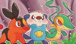 :&lt; bright_pupils brown_eyes closed_mouth commentary day frown gen_5_pokemon grass lynn_(daisiloou) nintendo no_humans oshawott outdoors outline pokemon pokemon_(creature) pokemon_focus puffy_cheeks snivy starter_pokemon_trio tepig white_pupils