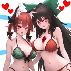 Rule 34 | 2girls, absurdres, animal ear fluff, animal ears, bikini, black hair, bow, breasts, cat ears, cat girl, cleavage, commentary request, extra ears, fang, green bikini, green bow, hair bow, hair flaps, heart, highres, kaenbyou rin, large breasts, long hair, looking at viewer, multiple girls, navel, open mouth, pointy ears, red bikini, red eyes, reiuji utsuho, side-tie bikini bottom, slit pupils, smile, sugar you, swimsuit, third eye, touhou, white background