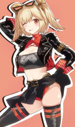 1girl arm_behind_head arm_up belt black_belt black_jacket black_shirt black_skirt black_thighhighs blonde_hair breasts burnice_white cleavage cropped_jacket eyewear_on_head highres jacket looking_at_viewer medium_breasts one_eye_closed outline red_background red_eyes saint_laurent_paris shirt skirt smile solo sunglasses thighhighs tongue tongue_out two_side_up white_outline zenless_zone_zero