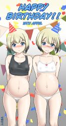 2girls black_sports_bra blonde_hair blue_eyes blush breasts erica_hartmann glasses hama_(zarulzaharudin) lactation lactation_through_clothes looking_at_viewer multiple_girls navel panties pregnant short_hair small_breasts smile sports_bra standing strike_witches underwear ursula_hartmann white_panties white_sports_bra world_witches_series