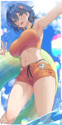 1girl armpits belle_(zenless_zone_zero) blue_hair blue_sky breasts commentary day english_commentary from_below green_eyes hair_ornament highres holding holding_swim_ring innertube large_breasts letter_hair_ornament linea_alba looking_at_viewer looking_down navel official_alternate_costume open_mouth orange_shorts outdoors ozzyart_0221 short_hair short_shorts shorts signature sky solo stomach swim_ring swimsuit thighs twitter_username v variant_set water zenless_zone_zero